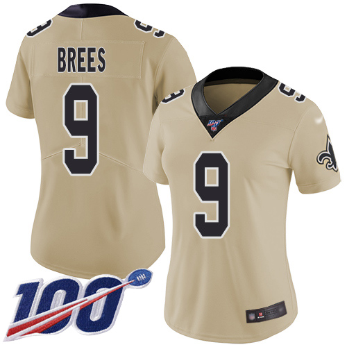 Women's New Orleans Saints #9 Drew Brees GoldStitched NFL Limited Inverted Legend 100th Season Jersey