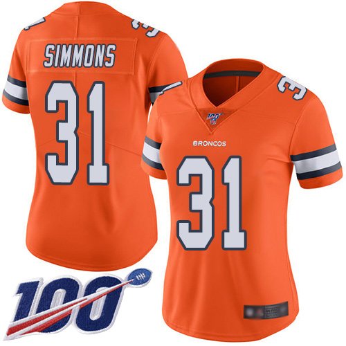 Women's Denver Broncos #31 Justin Simmons OrangeStitched NFL Limited Rush 100th Season Jersey