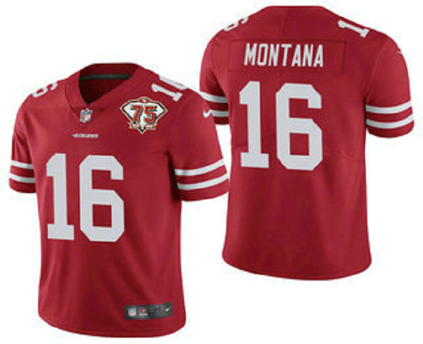 Men's San Francisco 49ers #16 Joe Montana Red 75th Anniversary Patch 2021 Vapor Untouchable Stitched Nike Limited Jersey