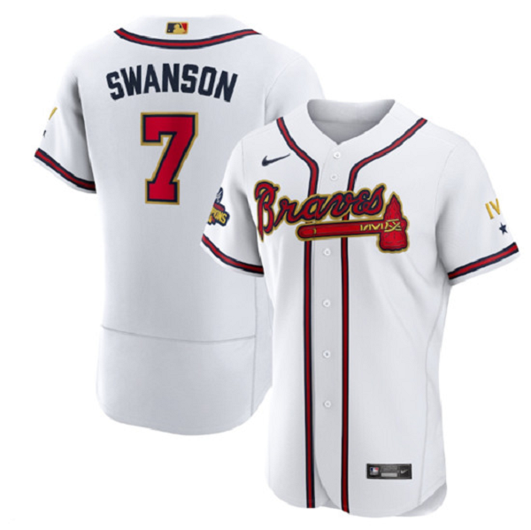 Men's Atlanta Braves #7 Dansby Swanson 2022 White/Gold World Series Champions Program Flex Base Stitched MLB Jersey