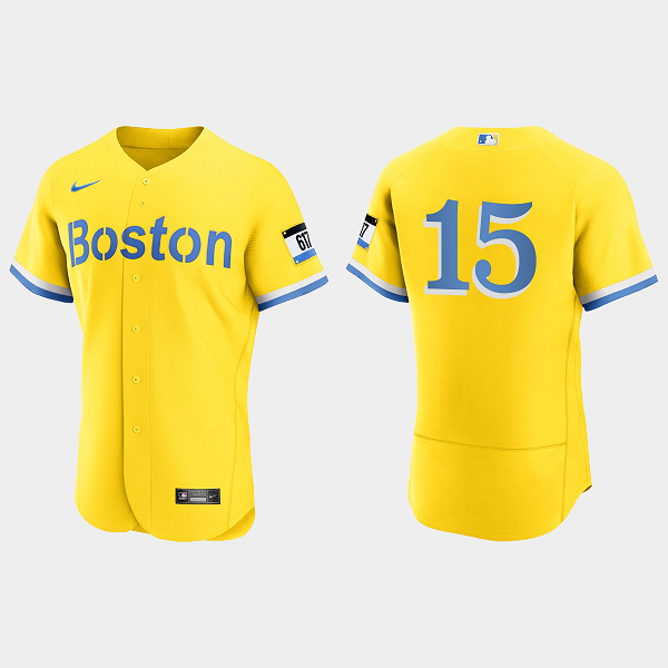 Men's Boston Red Sox #15 Dustin Pedroia Gold Light Blue 2021 MLB City Connect Flex Base Jersey