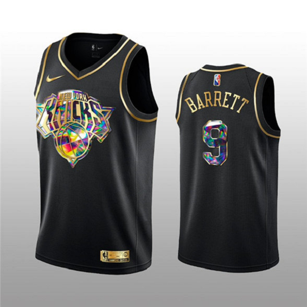 Men's New Yok Knicks #9 RJ Barrett 2021/22 Black Golden Edition 75th Anniversary Diamond Logo Stitched NBA Jersey