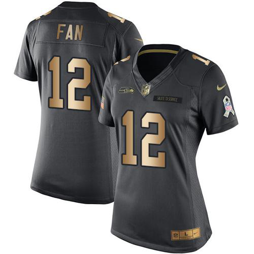 Nike Seattle Seahawks #12 Fan Black Women's Stitched NFL Limited Gold Salute to Service Jersey