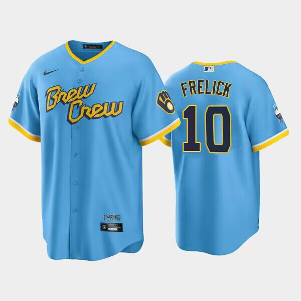 Men's Milwaukee Brewers #10 Sal Frelick 2022 City Connect Powder Blue Cool Base MLB Jersey