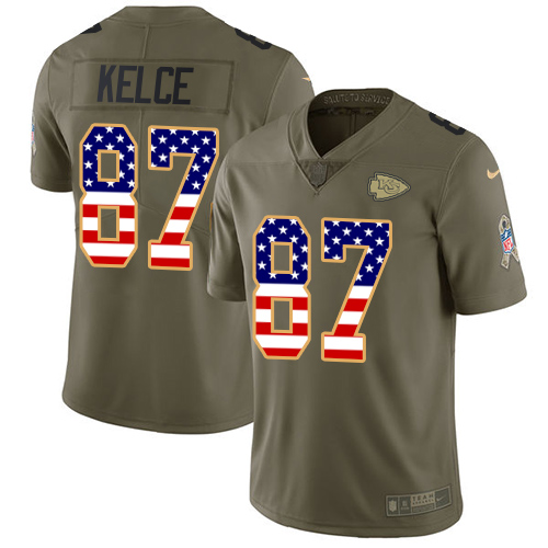 Nike Kansas City Chiefs #87 Travis Kelce Olive/USA Flag Men's Stitched NFL Limited 2017 Salute To Service Jersey