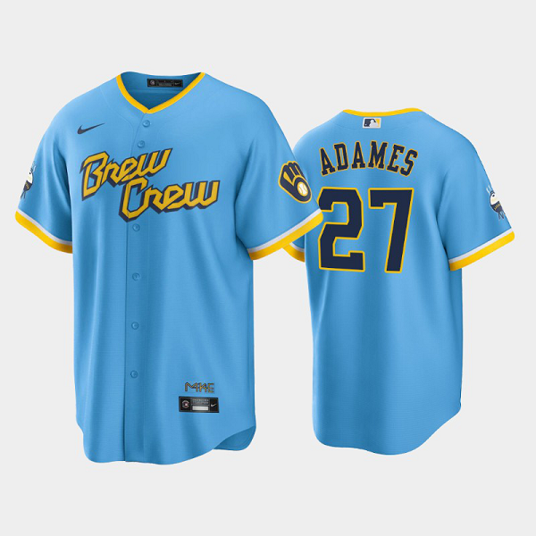 Men's Milwaukee Brewers 2022 City Connect #27 Willy Adames Powder Blue Cool Base MLB Jersey