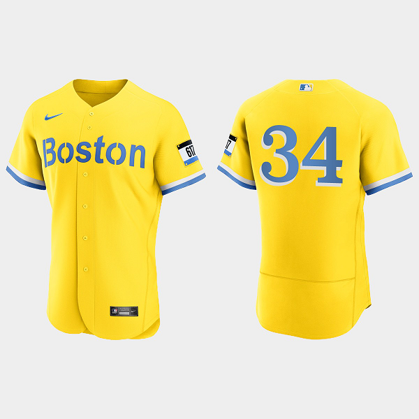 Men's Boston Red Sox #34 David Ortiz Gold Light Blue 2021 MLB City Connect Flex Base Jersey