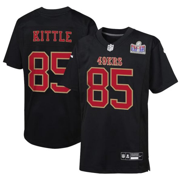 #85 George Kittle San Francisco 49ers Nike Youth Super Bowl LVIII Patch Carbon Fashion Limited Jersey Black