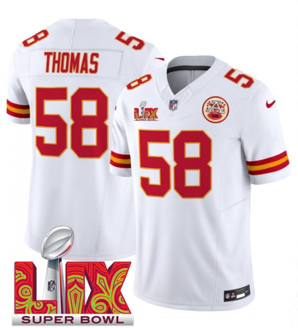 Men's Kansas City Chiefs #58 Derrick Thomas White Super Bowl LIX F.U.S.E. Vapor Limited Stitched Jersey