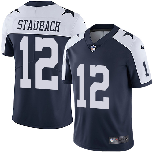 Men's Nike Dallas Cowboys #12 Roger Staubach Navy Blue Thanksgiving Stitched NFL Vapor Untouchable Limited Throwback Jersey