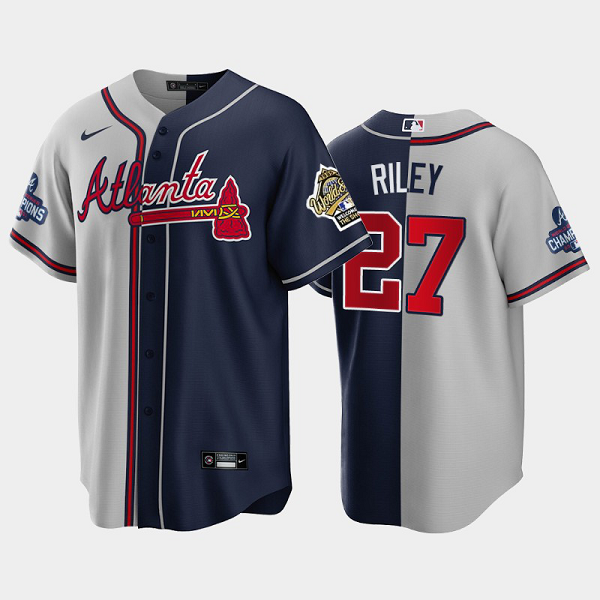 Men's Atlanta Braves 1995 Throwback Split Austin Riley Gray Navy 2021 World Series Champions MLB Jersey