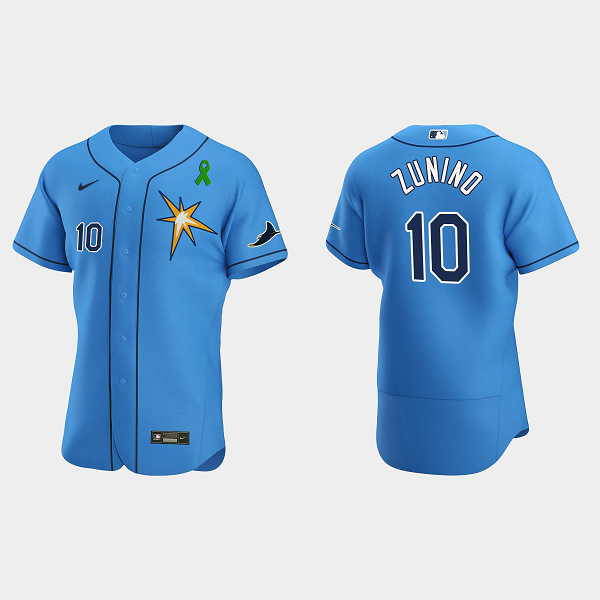 Men's Tampa Bay Rays #10 Mike Zunino Green Ribbon Light Blue Alternate Flex Base MLB Jersey