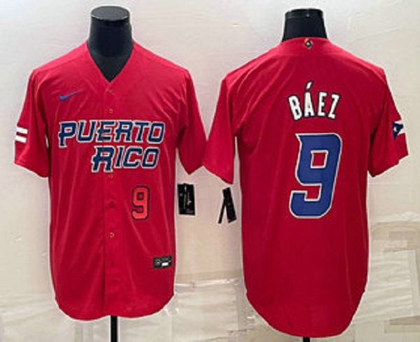 Men's Puerto Rico Baseball #9 Javier Baez 2023 Red World Baseball Classic Stitched Jersey