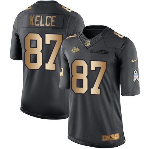 Men's Nike Kansas City Chiefs #87 Travis Kelce Black Stitched NFL Limited Gold Salute To Service Jersey