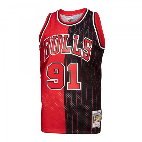 Men's Chicago Bulls Dennis Rodman Mitchell & Ness Red/Black Hardwood Classics 1995/96 Split Swingman Jersey