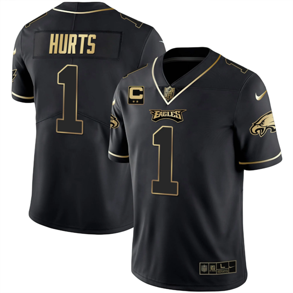 Men's Philadelphia Eagles #1 Jalen Hurts Black Golden Edition NFL Stitched Jersey