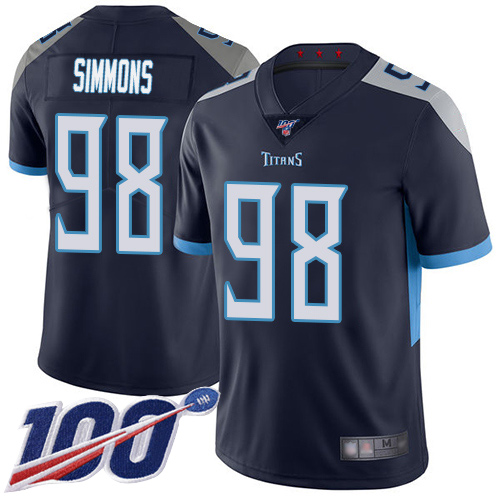 Men's Tennessee Titans #98 Jeffery Simmons Navy Blue Team Color Stitched NFL 100th Season Vapor Limited Jersey