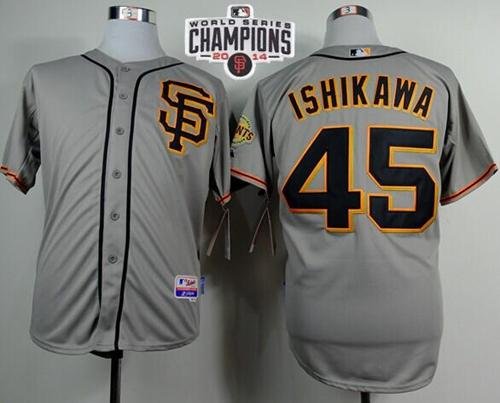 San Francisco Giants #45 Travis Ishikawa Grey Road 2 Cool Base W/2014 World Series Champions Patch Stitched MLB Jersey