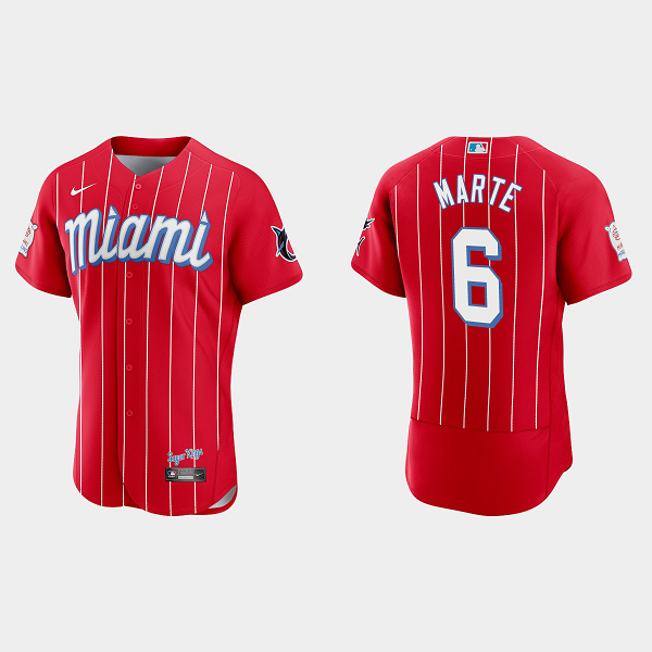 Men's Miami Marlins #6 Starling Marte Red 2021 MLB City Connect Flex base Jersey