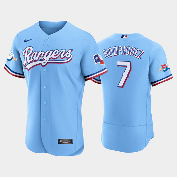 Men's Texas Rangers #7 Ivan Rodriguez 50th Anniversary Alternate Light Blue MLB Flex Base Jersey