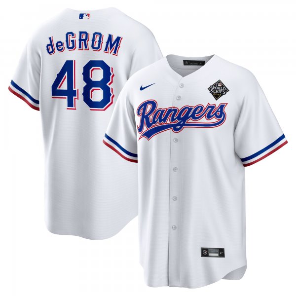 Men's Texas Rangers #48 Jacob deGrom Nike White 2023 World Series Replica Player Jersey