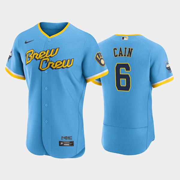 Men's Milwaukee Brewers 2022 City Connect #6 Lorenzo Cain Flex Base MLB Jersey - Powder Blue