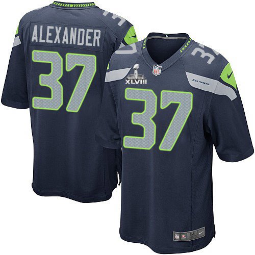 Seattle Seahawks Super Bowl XLVIII #37 Men's Shaun Alexander Game Home Steel Blue Jersey