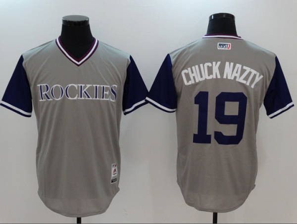 Men's Colorado Rockies #19 Charlie Blackmon Gray "Chuck Nazty" Players Weekend Jersey