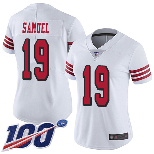 Women's San Francisco 49ers #19 Deebo Samuel White RushStitched NFL Limited 100th Season Jersey