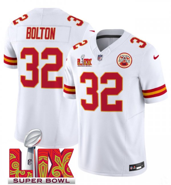 Men's Kansas City Chiefs #32 Nick Bolton White Super Bowl LIX F.U.S.E. Vapor Limited Stitched Jersey