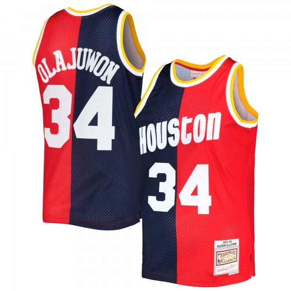 Men's Houston Rockets Hakeem Olajuwon Mitchell & Ness Navy/Red Hardwood Classics 1993/94 Split Swingman Jersey