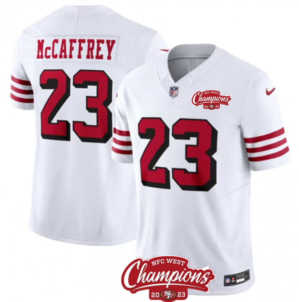 Men's San Francisco 49ers #23 Christian McCaffrey White 2023 F.U.S.E. NFC West Champions Patch Alternate Stitched NFL Jersey