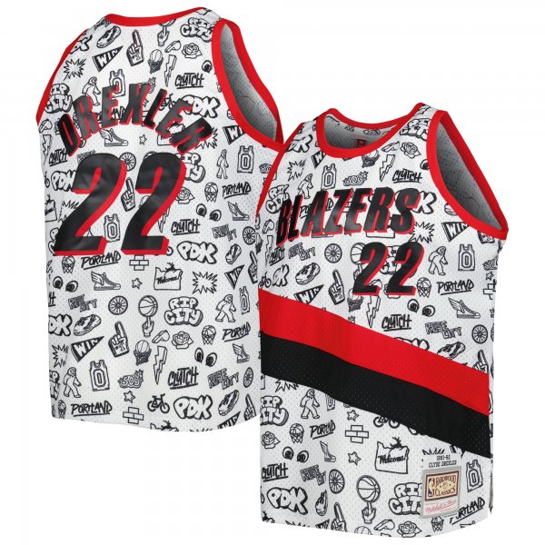 Men's Portland Trail Blazers Clyde Drexler Mitchell & Ness White 1991/92 Hardwood Classics Doodle Swingman Player Jersey