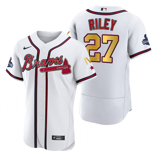 Men's Atlanta Braves #27 Austin Riley White 2022 Gold Program 4-Time World Series Champions MLB Jersey