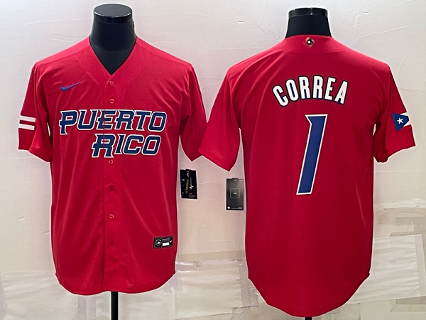 Men's Puerto Rico 2023 World Baseball #1 Carlos Correa Classic Red Men's MLB Jersey