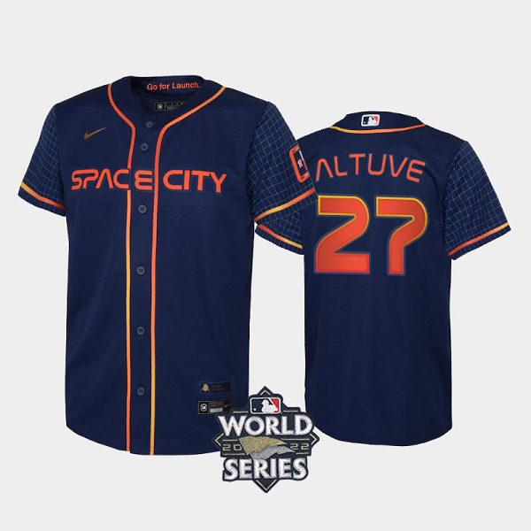 Youth's #27 Jose Altuve 2022 City Connect Houston Astros Cool Base Navy MLB Jersey with 2022 World Series Patch