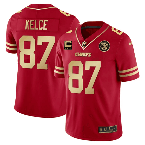 Men's Kansas City Chiefs #87 Travis Kelce Vapor Black Red Gold Limited All Stitched Jersey