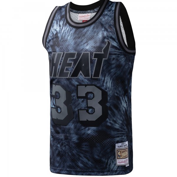 Men's Miami Heat Alonzo Mourning Mitchell & Ness Black Hardwood Classics 1996/97 Tie-Dye Swingman Jersey