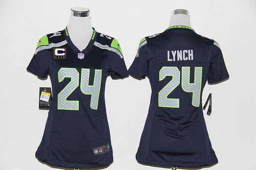 Nike Seattle Seahawks #24 Marshawn Lynch Steel Blue With C Patch Women's Stitched NFL Elite Jersey