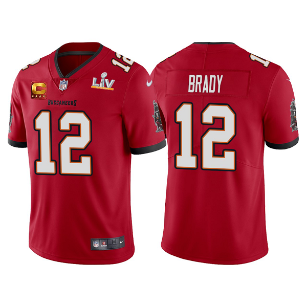 Buccaneers #12 Tom Brady Red Super Bowl LV Captain Patch Vapor Limited Men's Jersey