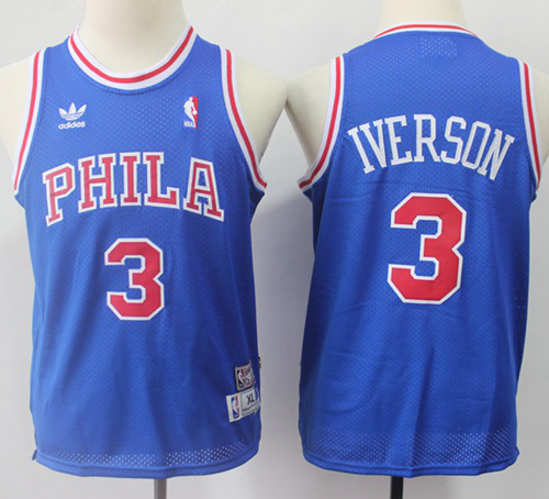 Philadelphia 76ers #3 Allen Iverson Blue Throwback Stitched Youth NBA Jersey