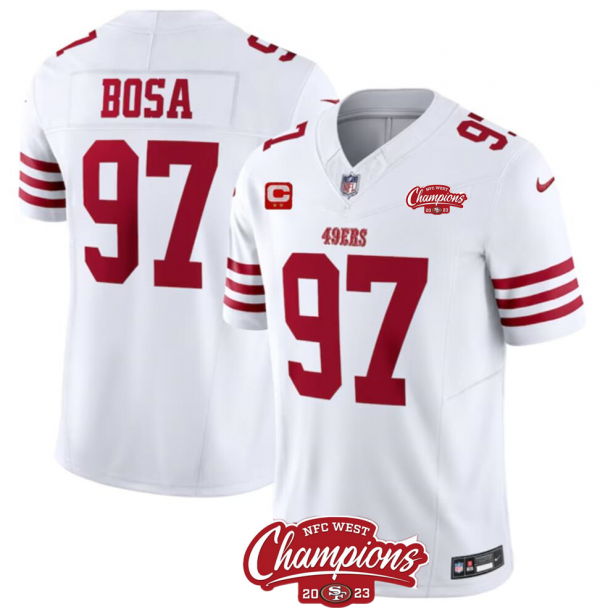 Men's San Francisco 49ers #97 Nick Bosa White 2023 F.U.S.E. With 2-star C Patch And NFC West Champions Patch Stitched NFL Jersey