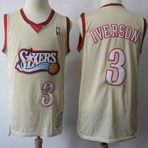 Mitchell And Ness Men's Philadelphia 76ers #3 Allen Iverson Cream Throwback Stitched NBA Jersey