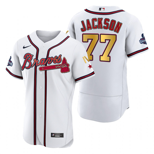 Men's Atlanta Braves #77 Luke Jackson White 2022 Gold Program 4-Time World Series Champions MLB Jersey