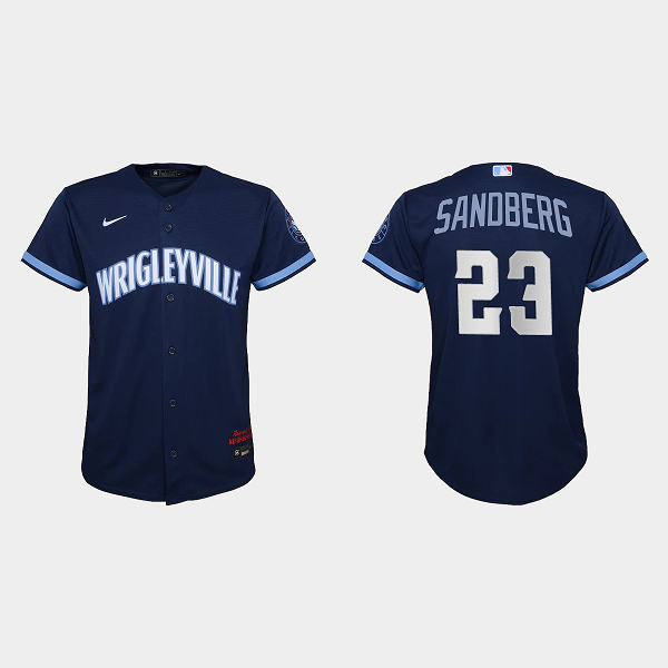 Youth Chicago Cubs #23 Ryne Sandberg Navy 2021 MLB City Connect Replica Jersey