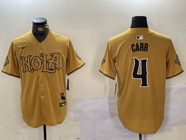 Men's New Orleans Saints #4 Derek Carr Nike Yellow Nola Stitched Baseball Jersey